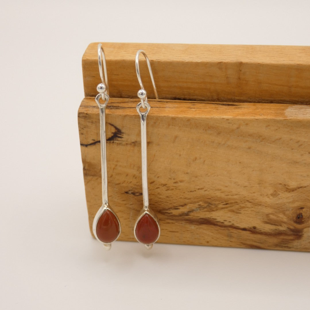 Sterling Silver Carnelian Straight Post Drop Earrings With Tear Shaped Stone 2"