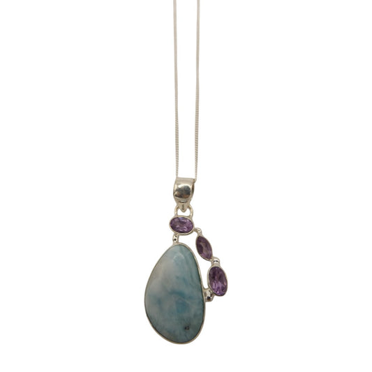 Sterling Silver Larimar With Amethyst Teardrop Necklace