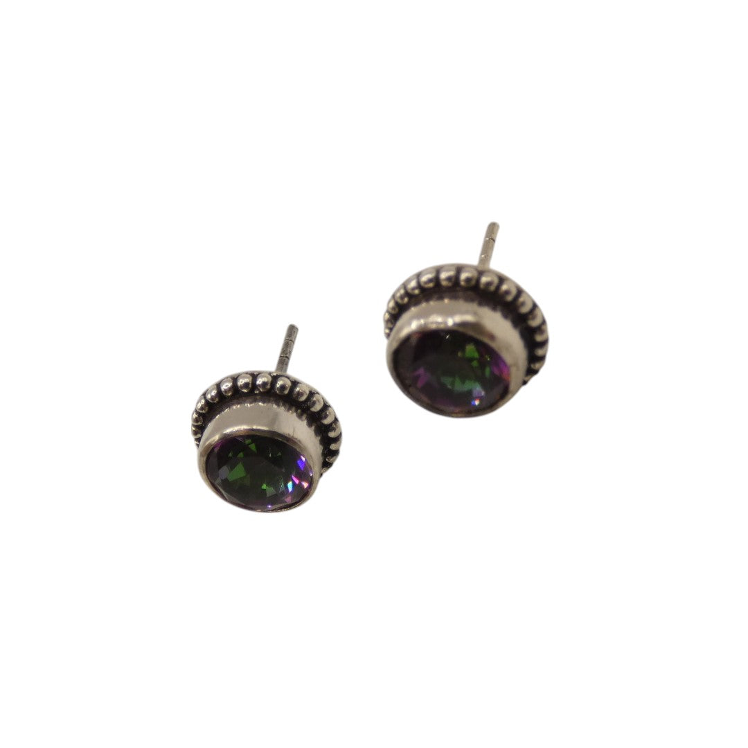 Sterling Silver Mystic Topaz Stud Earrings With Sectioned Trim 0.3"