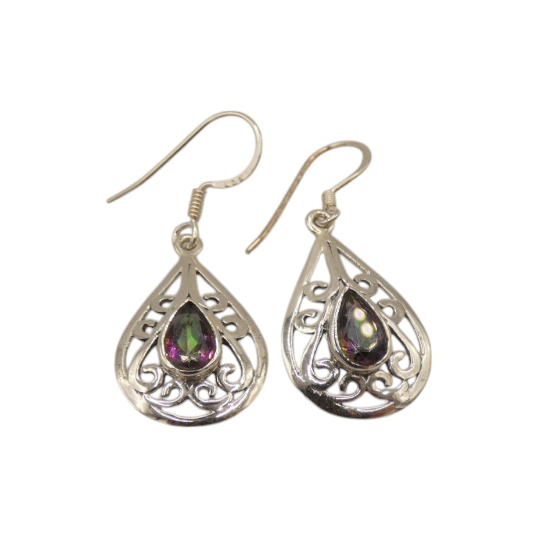 Sterling Silver Mystic Topaz Ornate Teardrop Earrings 1.5"