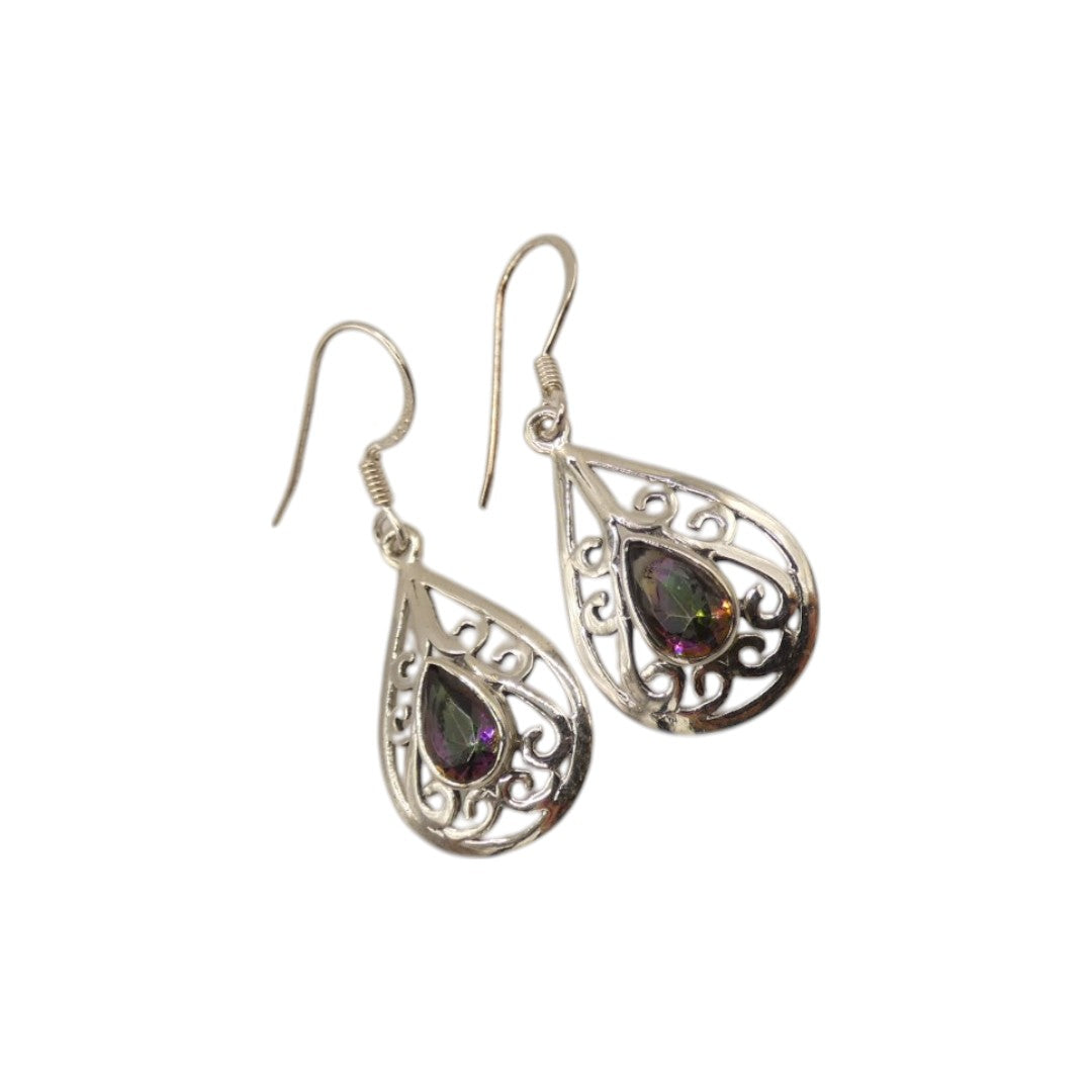 Sterling Silver Mystic Topaz Ornate Teardrop Earrings 1.5"