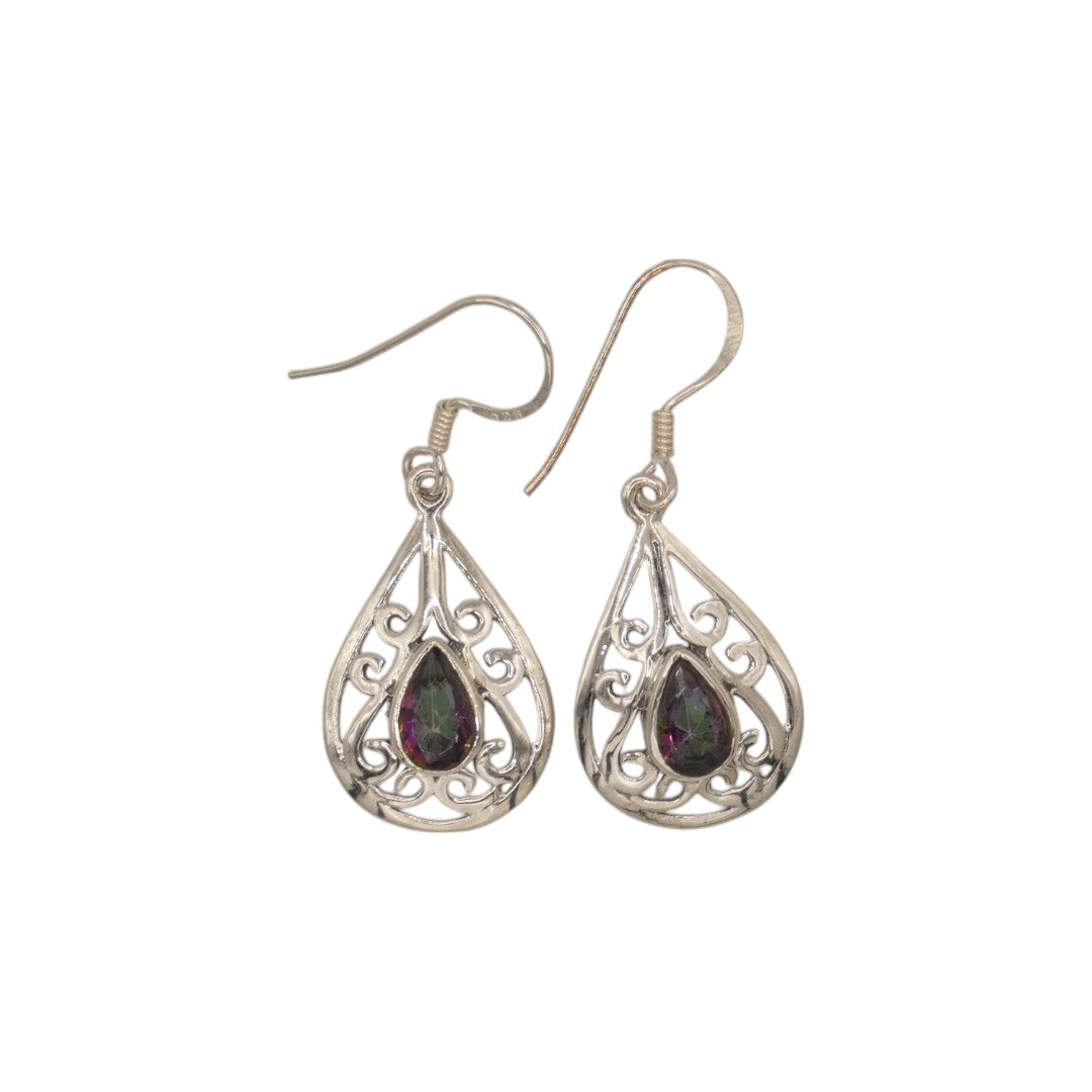 Sterling Silver Mystic Topaz Ornate Teardrop Earrings 1.5"