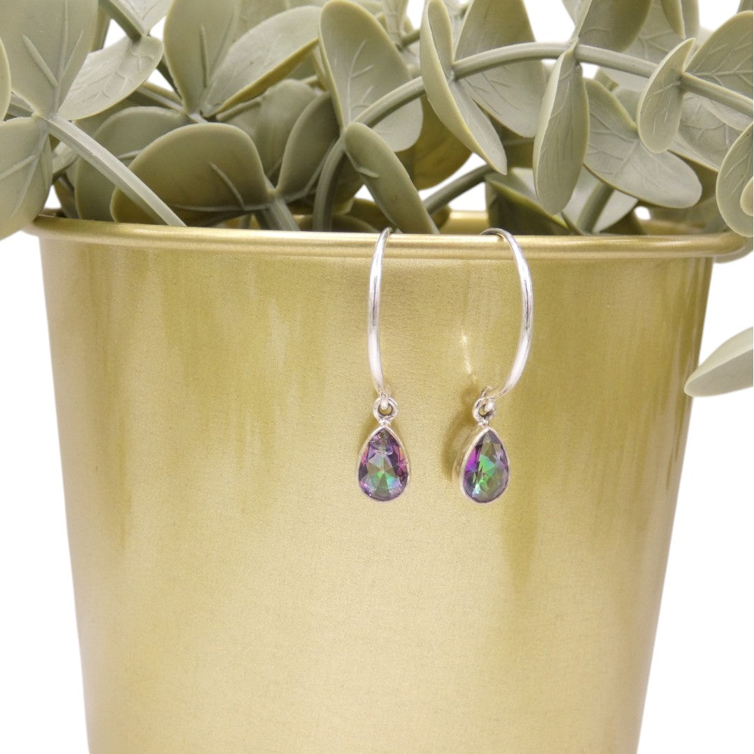 Sterling Silver Mystic Topaz Hoop Earrings With Drop Stone 0.75"