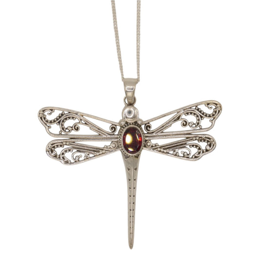 Sterling Silver Garnet Dragonfly Necklace