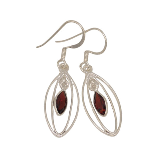 Sterling Silver Garnet Double Loop Teardrop Earrings 1.6"