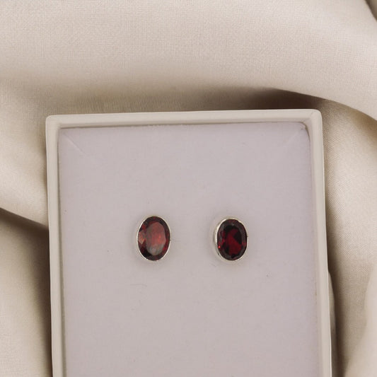 Sterling Silver Garnet Oval Stud Earrings 0.4"