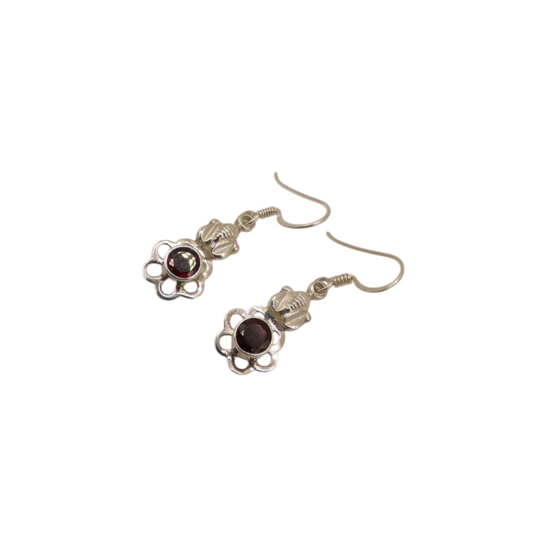 Sterling Silver Garnet Flower Drop Earrings 1.4"