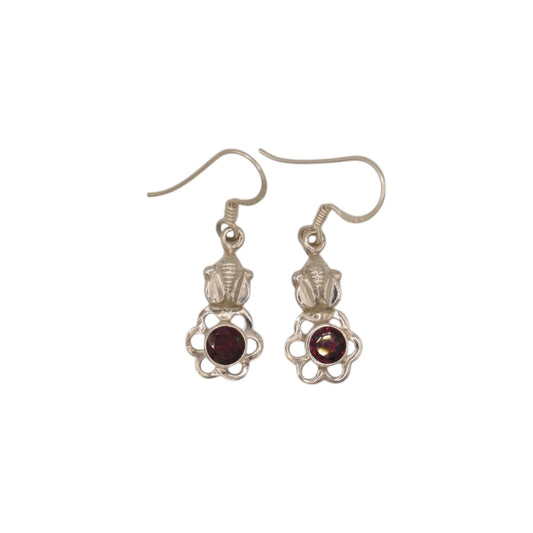 Sterling Silver Garnet Flower Drop Earrings 1.4"