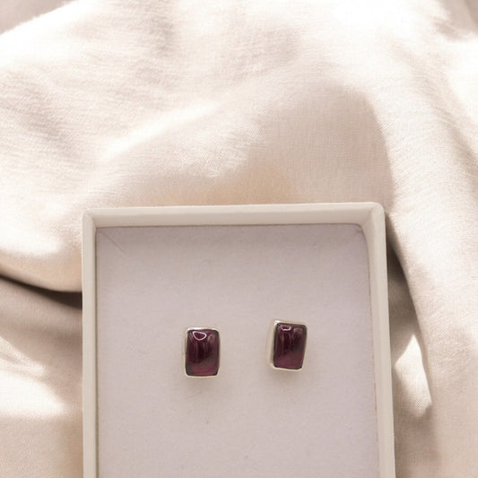 Sterling Silver Garnet Rectangular Stud Earrings 0.3"