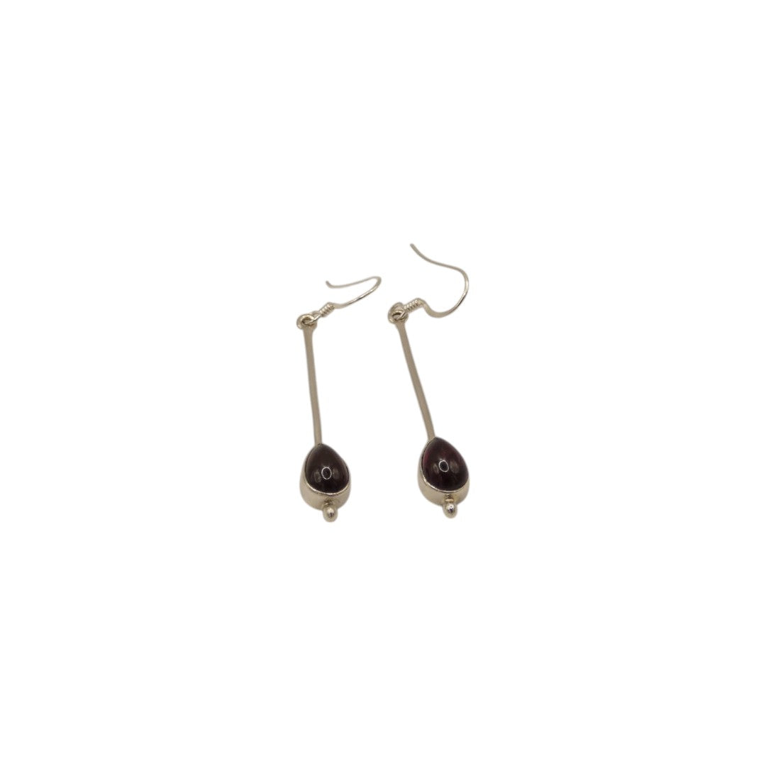 Sterling Silver Garnet Straight Drop Earrings With Tear Drop Shaped Stone 2"