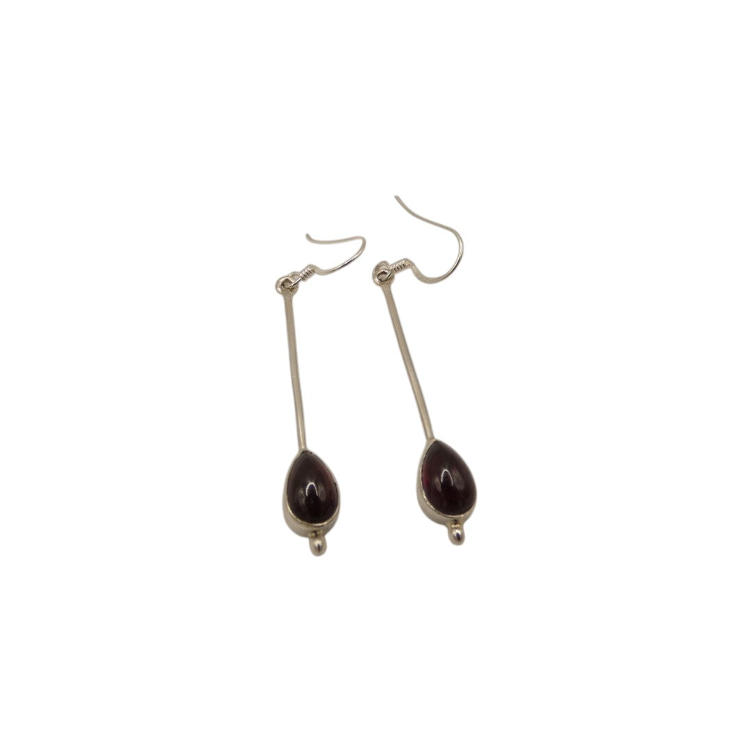 Sterling Silver Garnet Straight Drop Earrings With Tear Drop Shaped Stone 2"