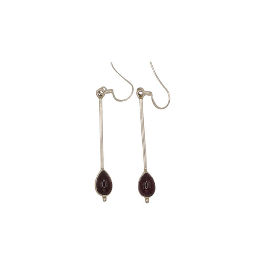 Sterling Silver Garnet Straight Drop Earrings With Tear Drop Shaped Stone 2"