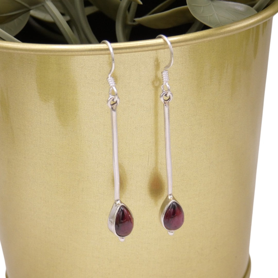 Sterling Silver Garnet Straight Drop Earrings With Tear Drop Shaped Stone 2"