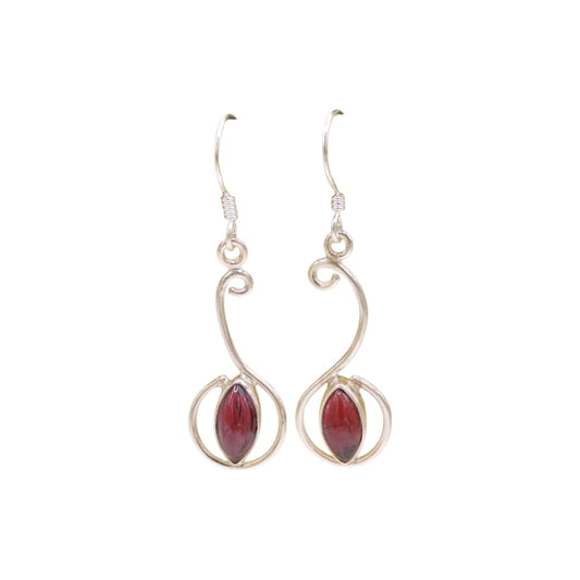 Sterling Silver Garnet Curved Drop Earrings 1.6"