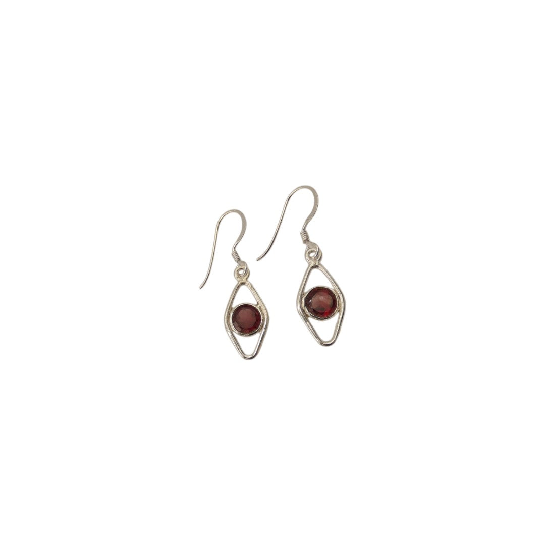 Sterling Silver Garnet Open Diamond Shape Earrings 1.3"