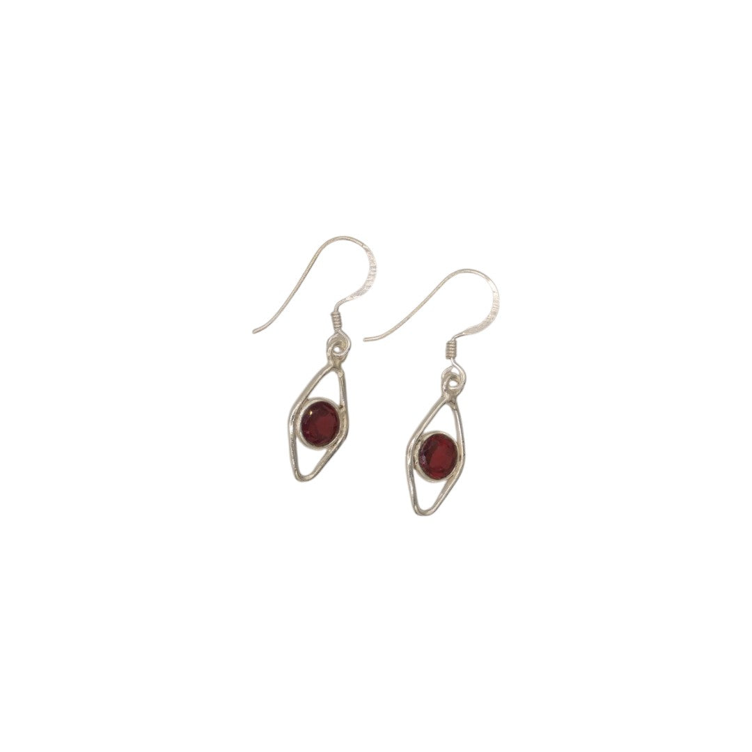 Sterling Silver Garnet Open Diamond Shape Earrings 1.3"