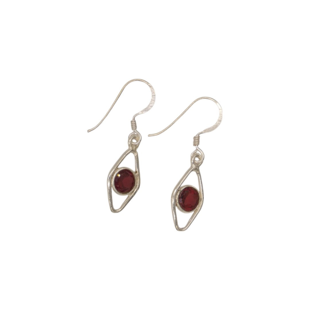 Sterling Silver Garnet Open Diamond Shape Earrings 1.3"