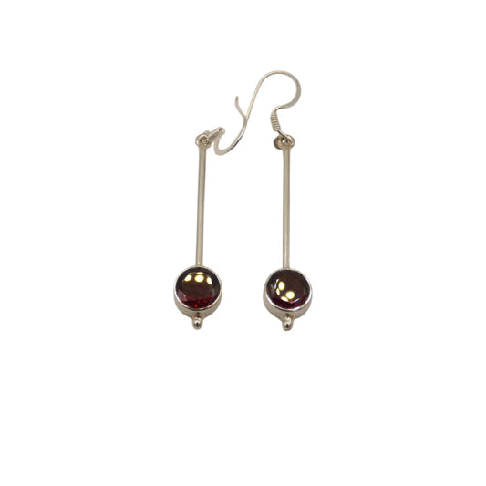 Sterling Silver Garnet Straight Drop Earrings With Round Stone 2"