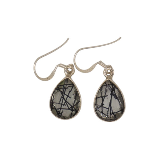 Sterling Silver Black Rutilated Quartz Teardrop Earrings 1.2"