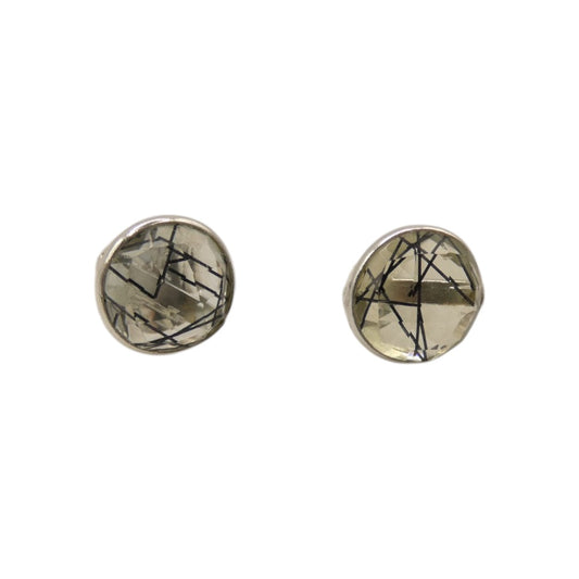 Sterling Silver Black Rutilated Quartz Round Stud Earrings 0.3"