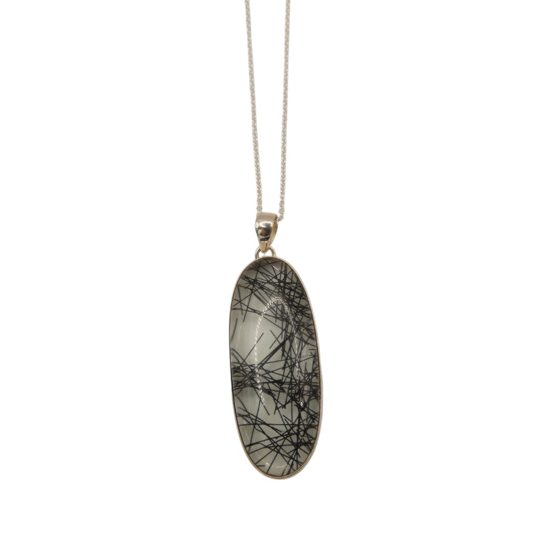 Sterling Silver Black Rutilated Quartz Necklace With Oval Stone