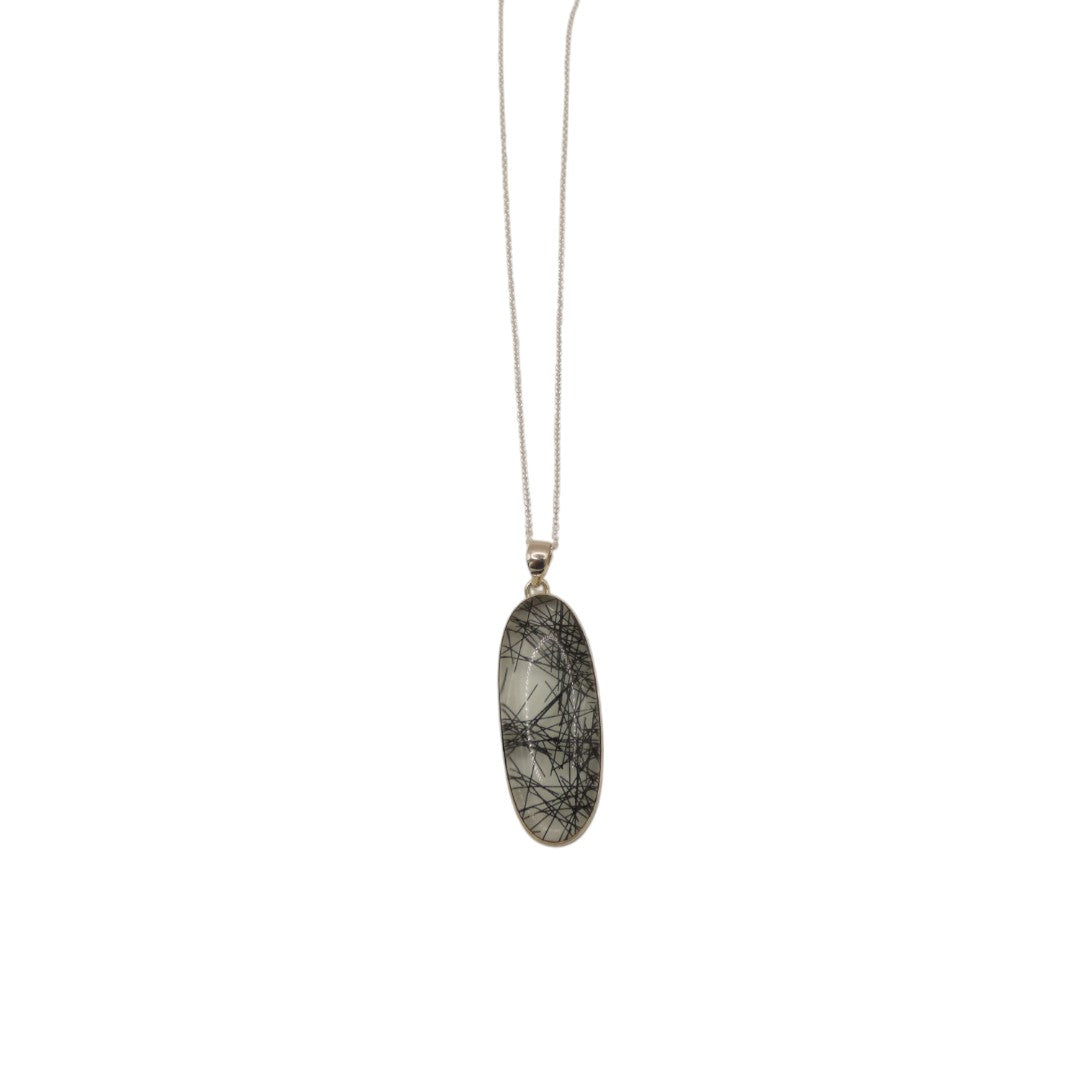 Sterling Silver Black Rutilated Quartz Necklace With Oval Stone