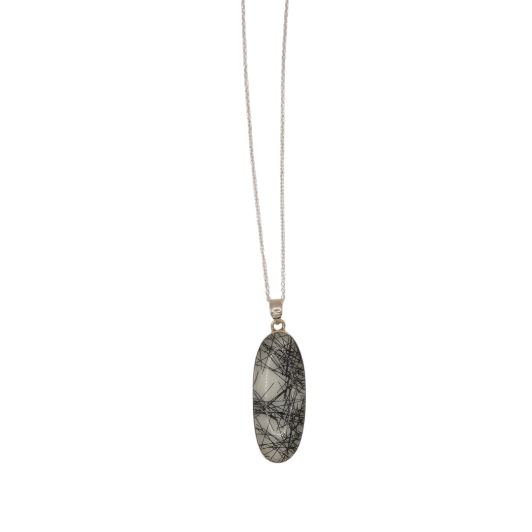 Sterling Silver Black Rutilated Quartz Necklace With Oval Stone