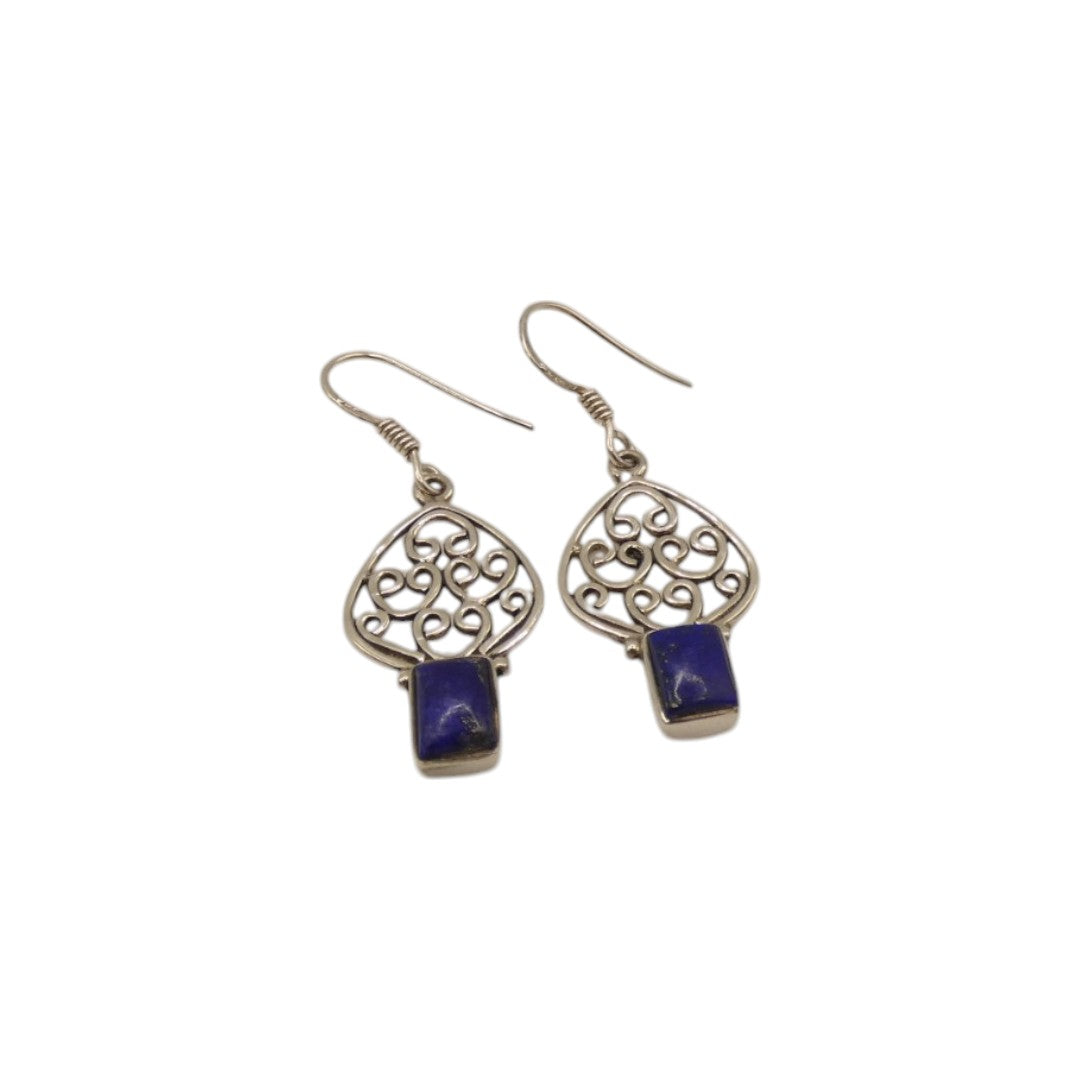 Sterling Silver Lapis Decorative Drop Earrings 1.5"