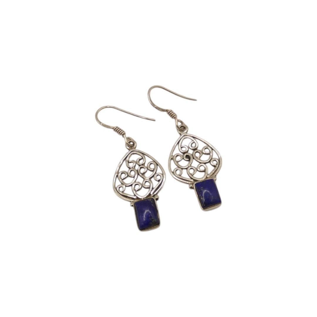 Sterling Silver Lapis Decorative Drop Earrings 1.5"