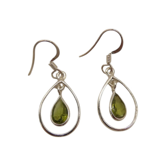 Sterling Silver Peridot Open Teardrop Shape Earrings 1.4"