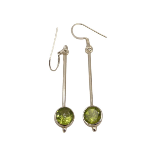 Sterling Silver Peridot Straight Drop Earrings With A Round Stone 2"