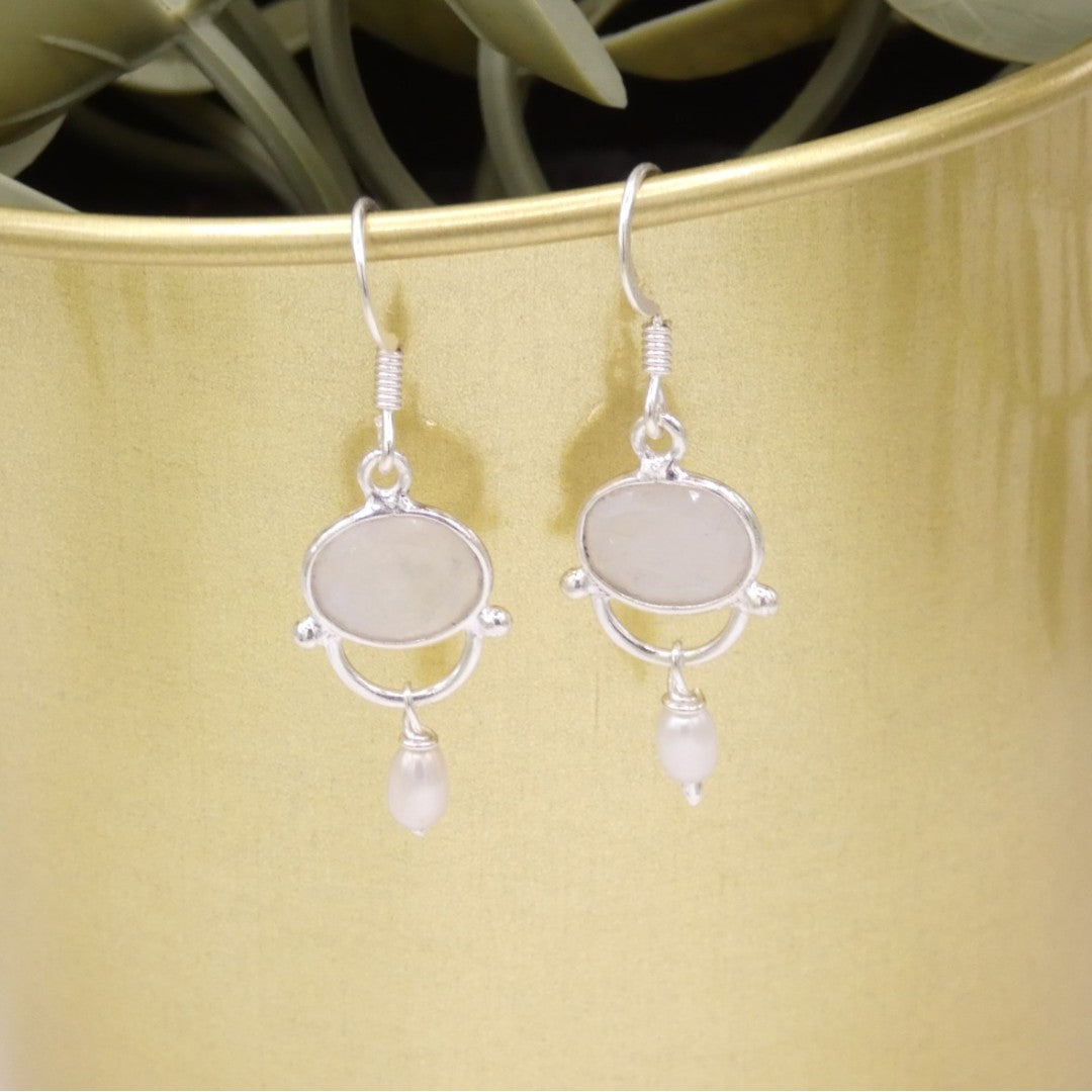 Sterling Silver Moonstone Drop Earrings With Pearl 1.6"