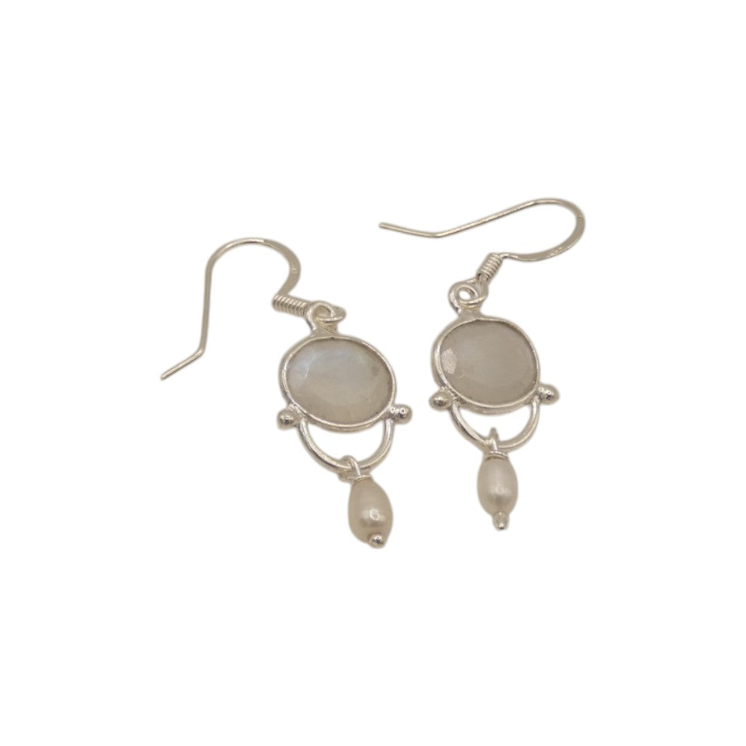 Sterling Silver Moonstone Drop Earrings With Pearl 1.6"