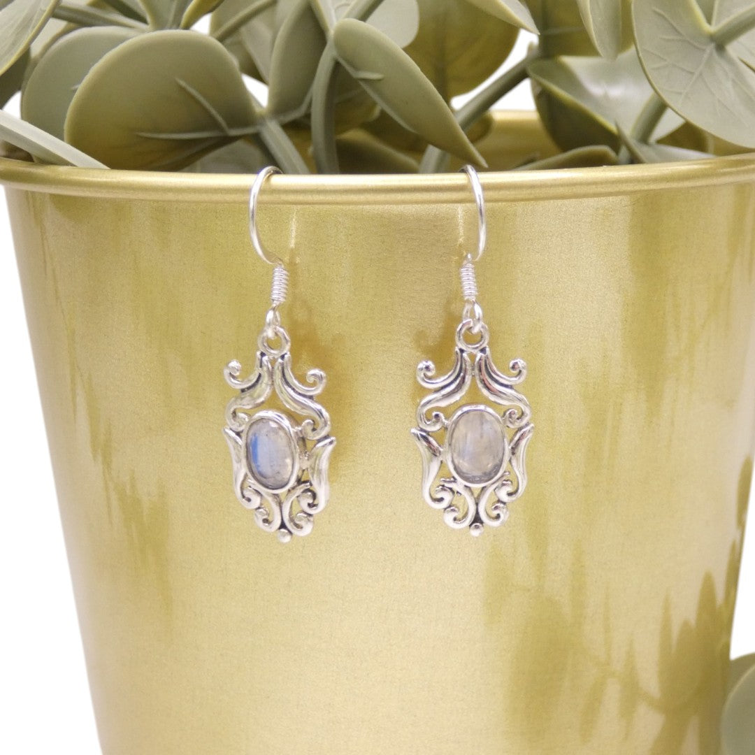 Sterling Silver Moonstone Ornate Drop Earrings 1.4"