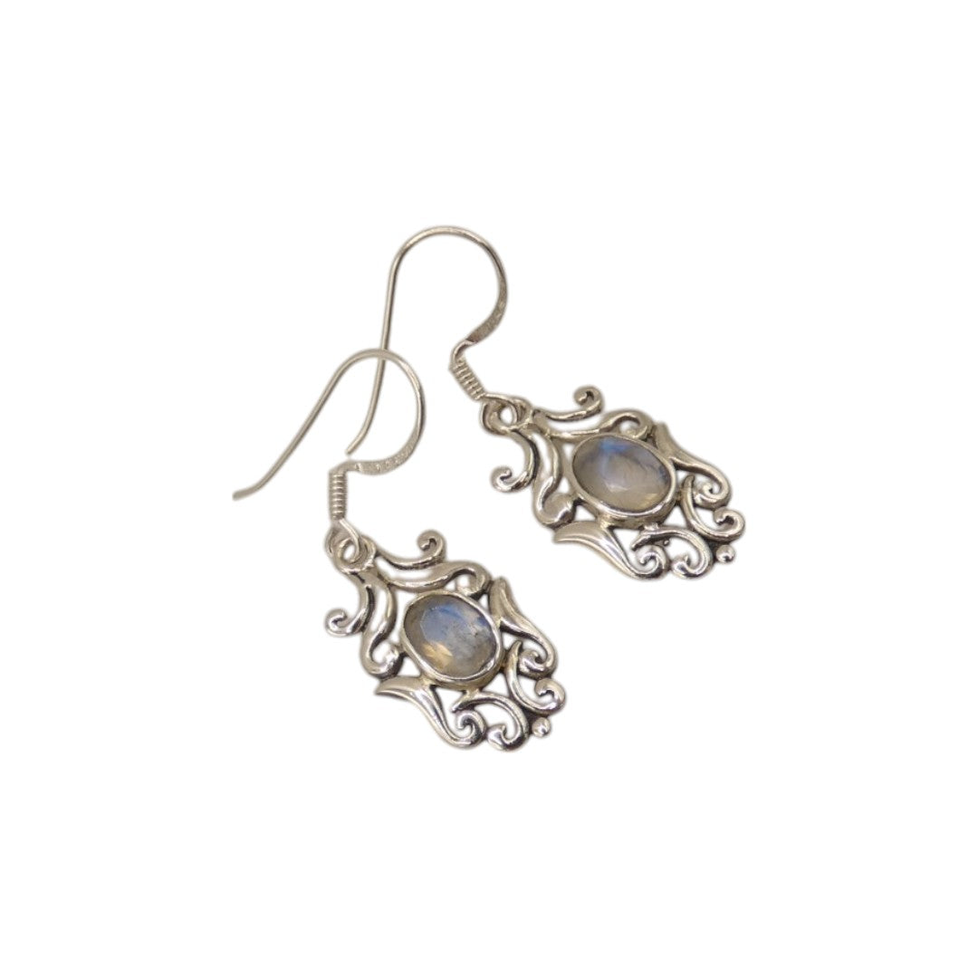 Sterling Silver Moonstone Ornate Drop Earrings 1.4"