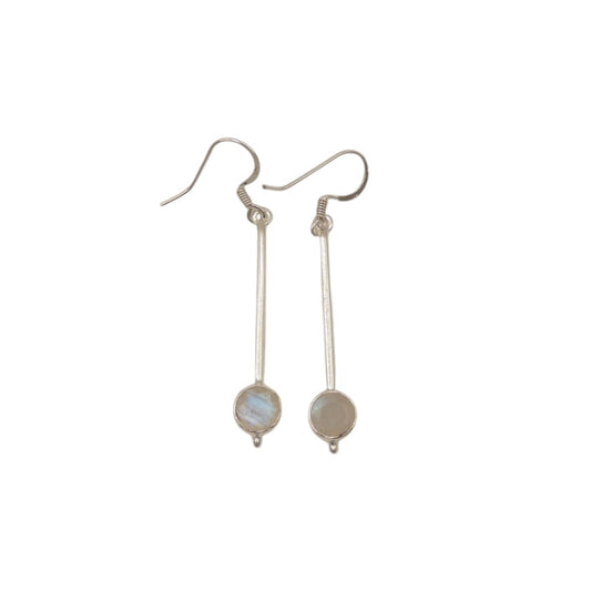 Sterling Silver Moonstone Straight Drop Earrings With Round Stone 2"