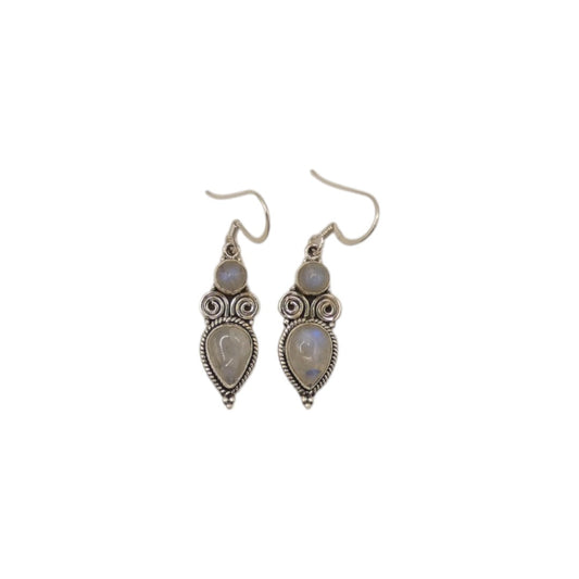 Sterling Silver Moonstone Ornate Double Stone Drop Earrings 1.8"