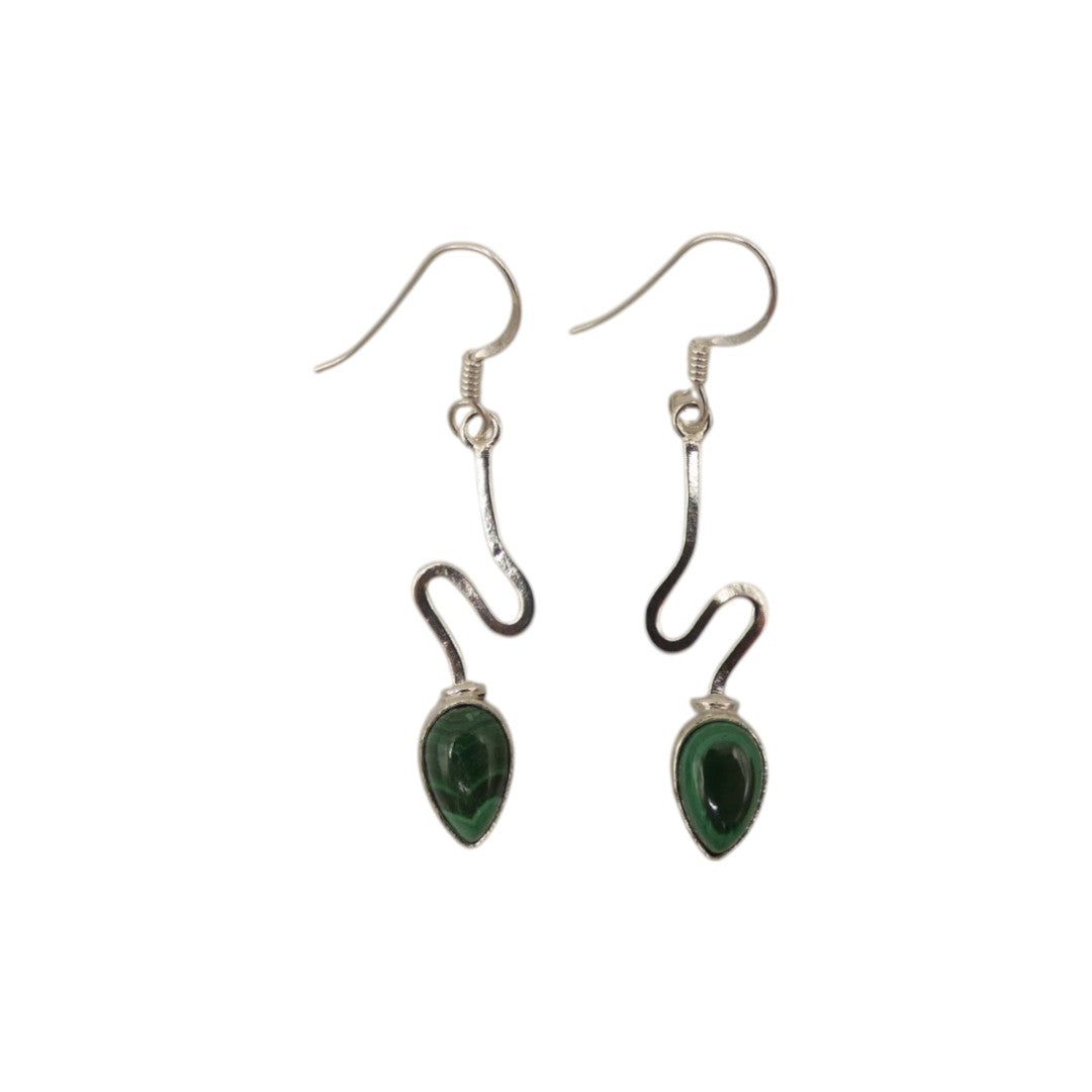 Sterling Silver Malachite Swirl Design Teardrop Earrings 1.6"