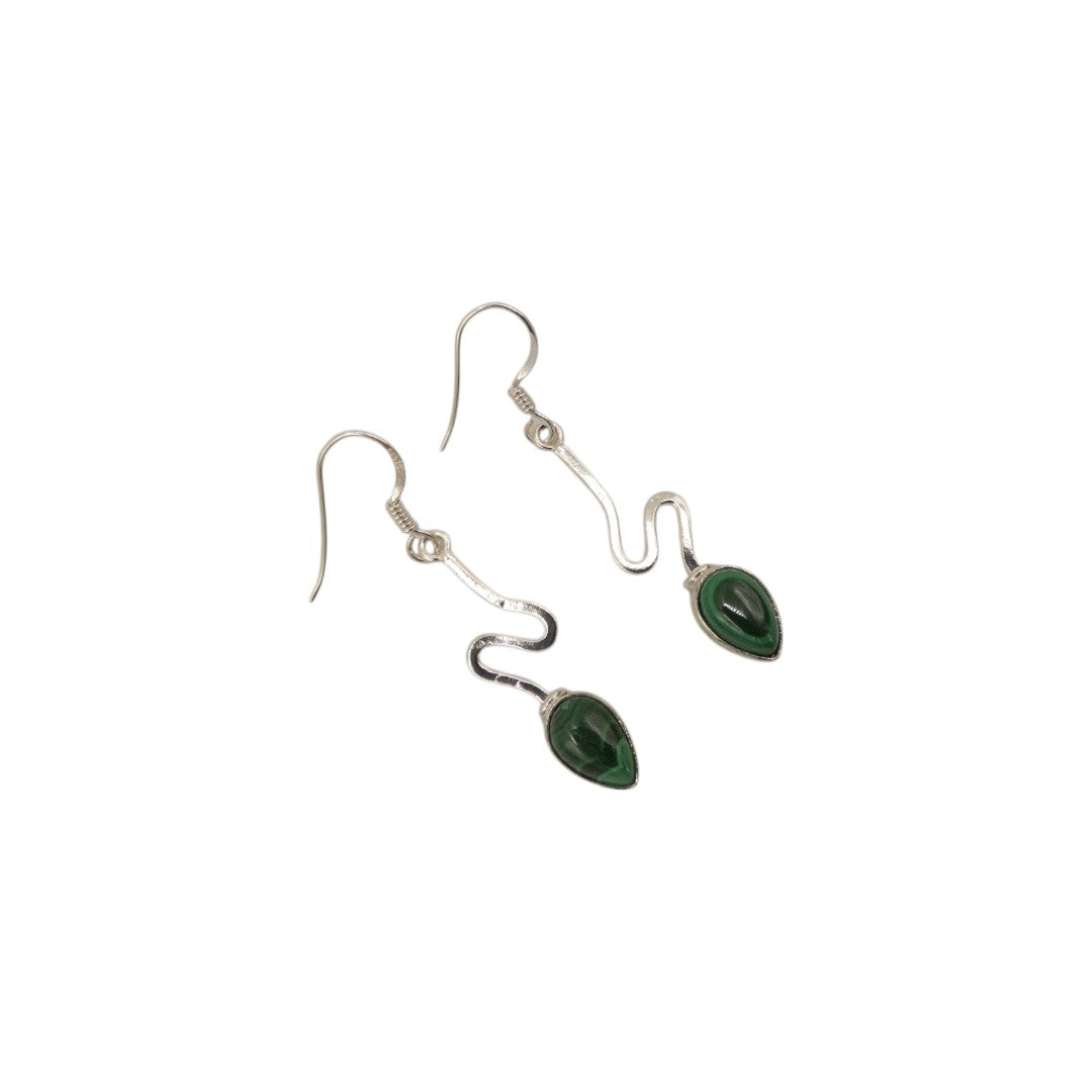 Sterling Silver Malachite Swirl Design Teardrop Earrings 1.6"