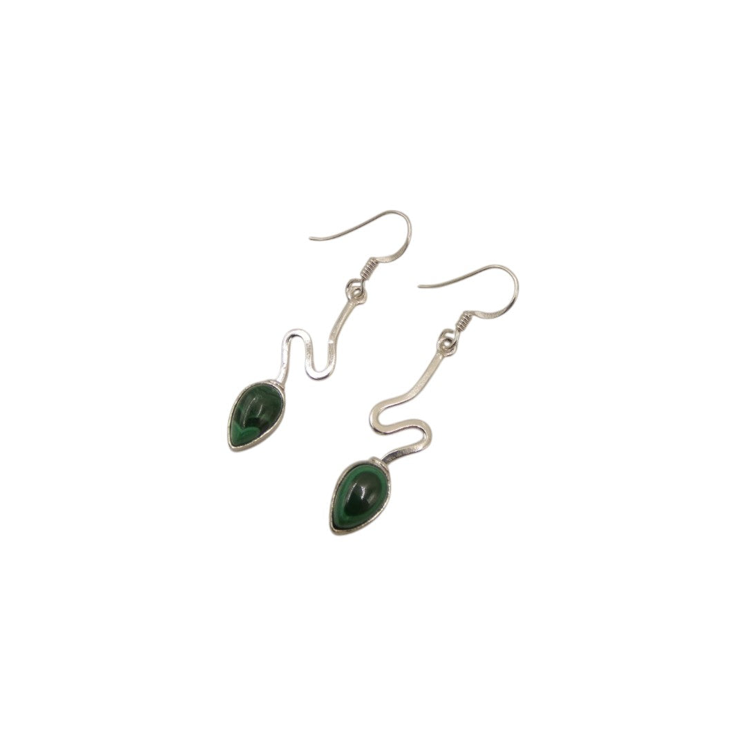 Sterling Silver Malachite Swirl Design Teardrop Earrings 1.6"