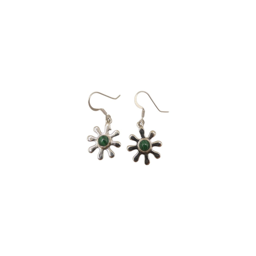 Sterling Silver Malachite Daisy Design Drop Earrings 1.4"