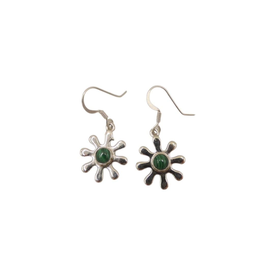 Sterling Silver Malachite Daisy Design Drop Earrings 1.4"