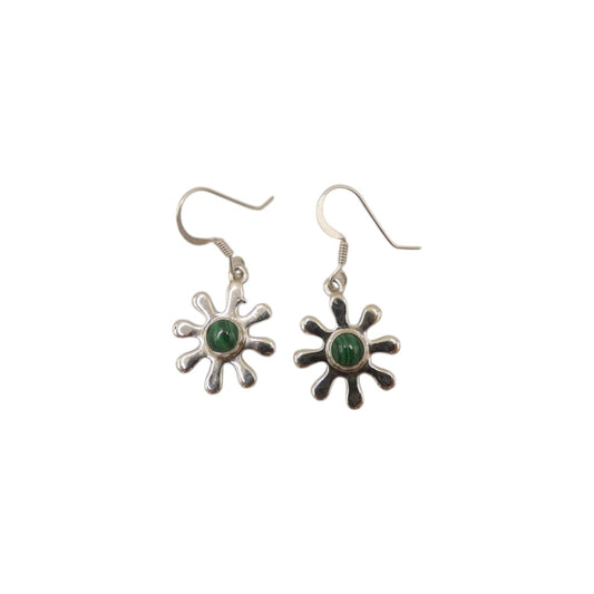 Sterling Silver Malachite Daisy Design Drop Earrings 1.4"