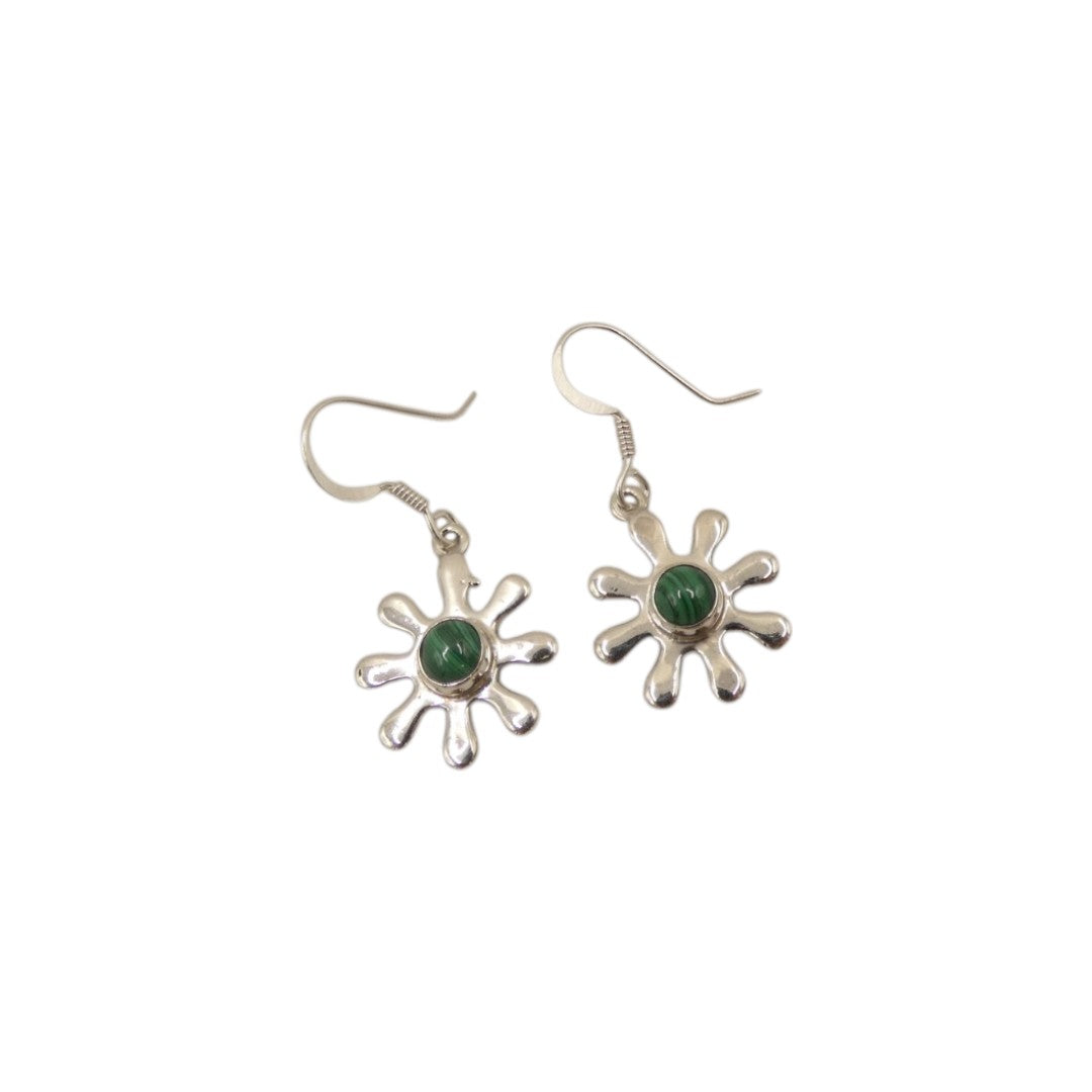 Sterling Silver Malachite Daisy Design Drop Earrings 1.4"