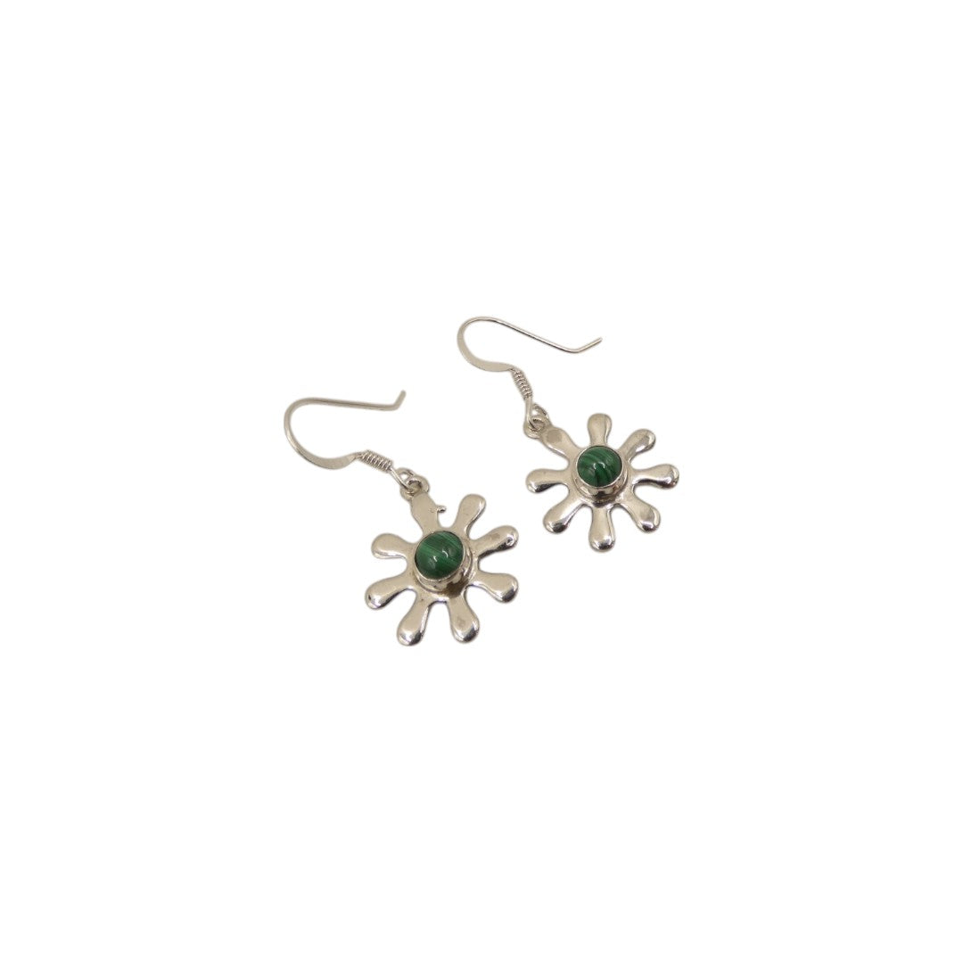 Sterling Silver Malachite Daisy Design Drop Earrings 1.4"