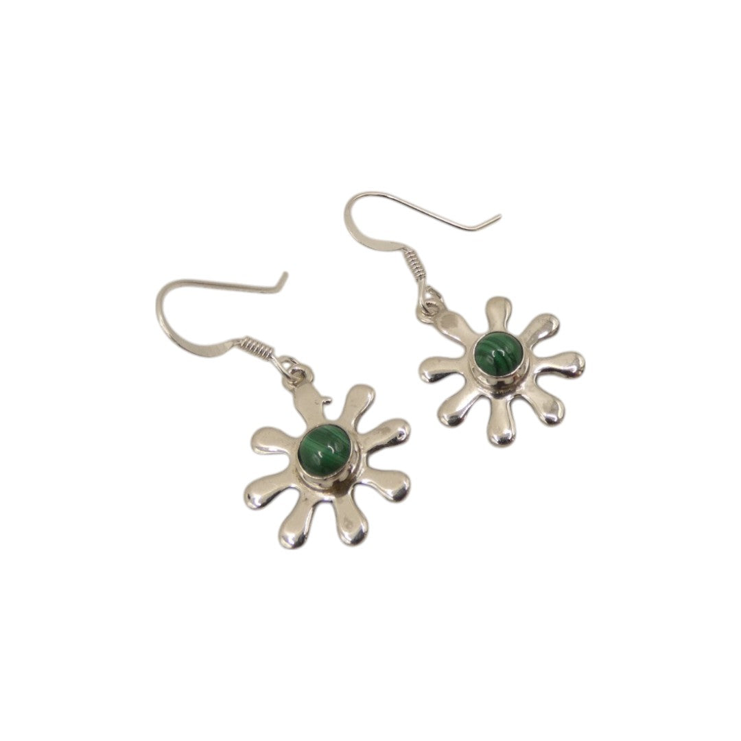 Sterling Silver Malachite Daisy Design Drop Earrings 1.4"