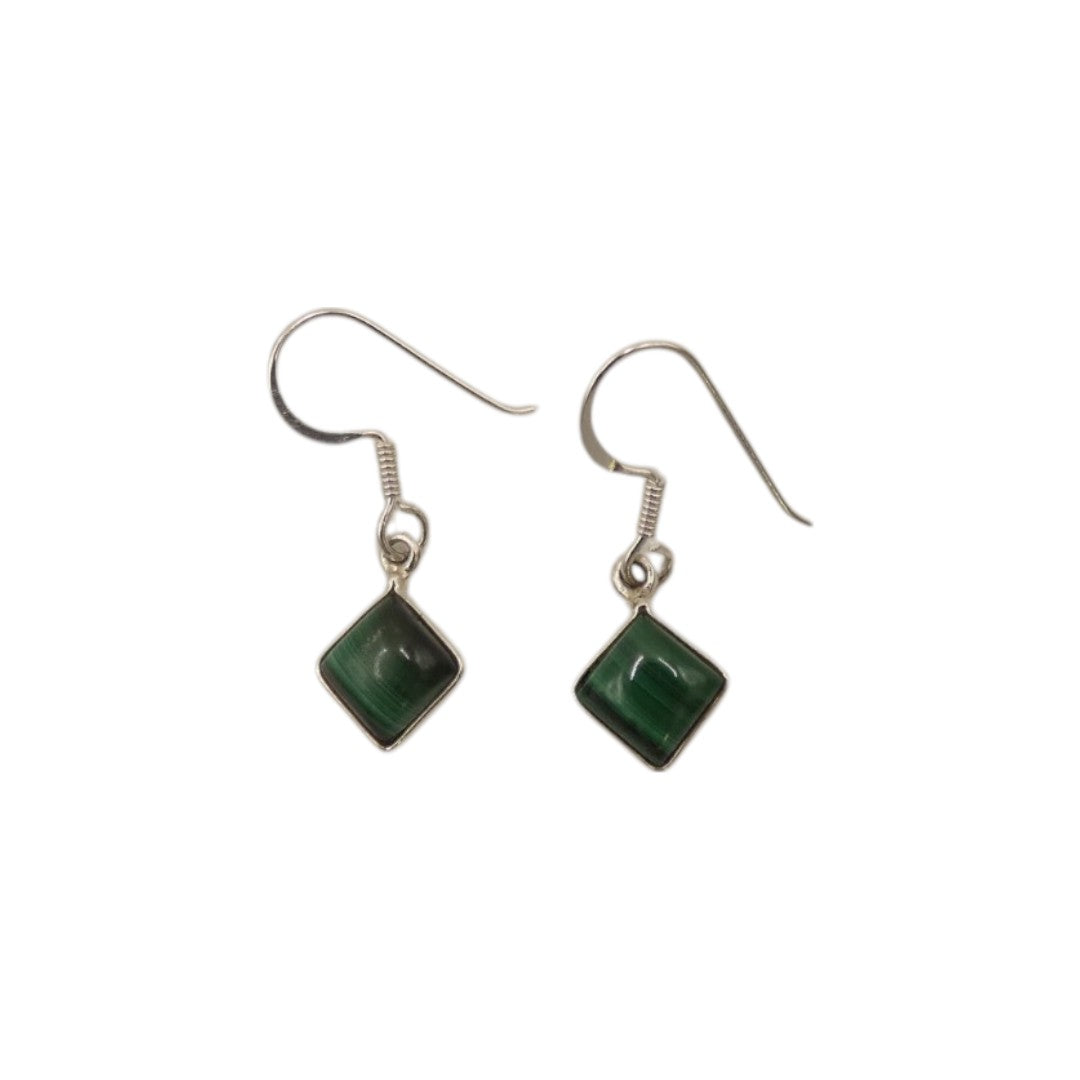 Sterling Silver Malachite Diamond Shape Drop Earrings 1.1"