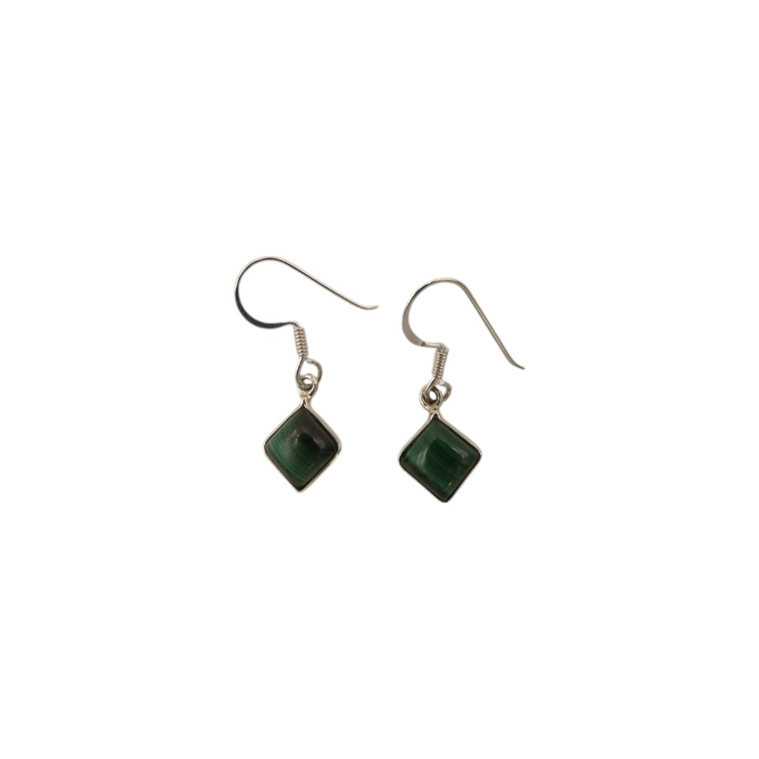 Sterling Silver Malachite Diamond Shape Drop Earrings 1.1"