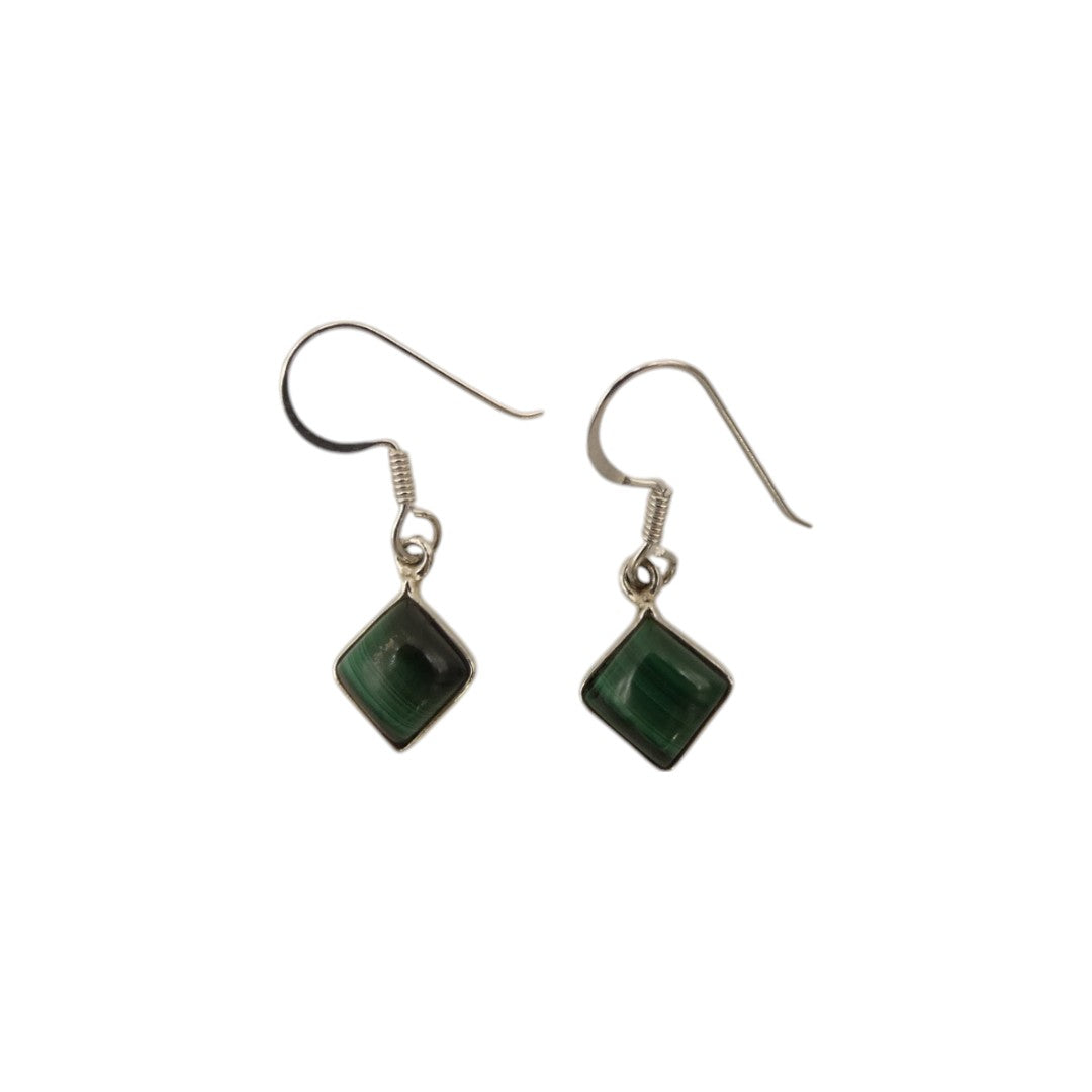 Sterling Silver Malachite Diamond Shape Drop Earrings 1.1"