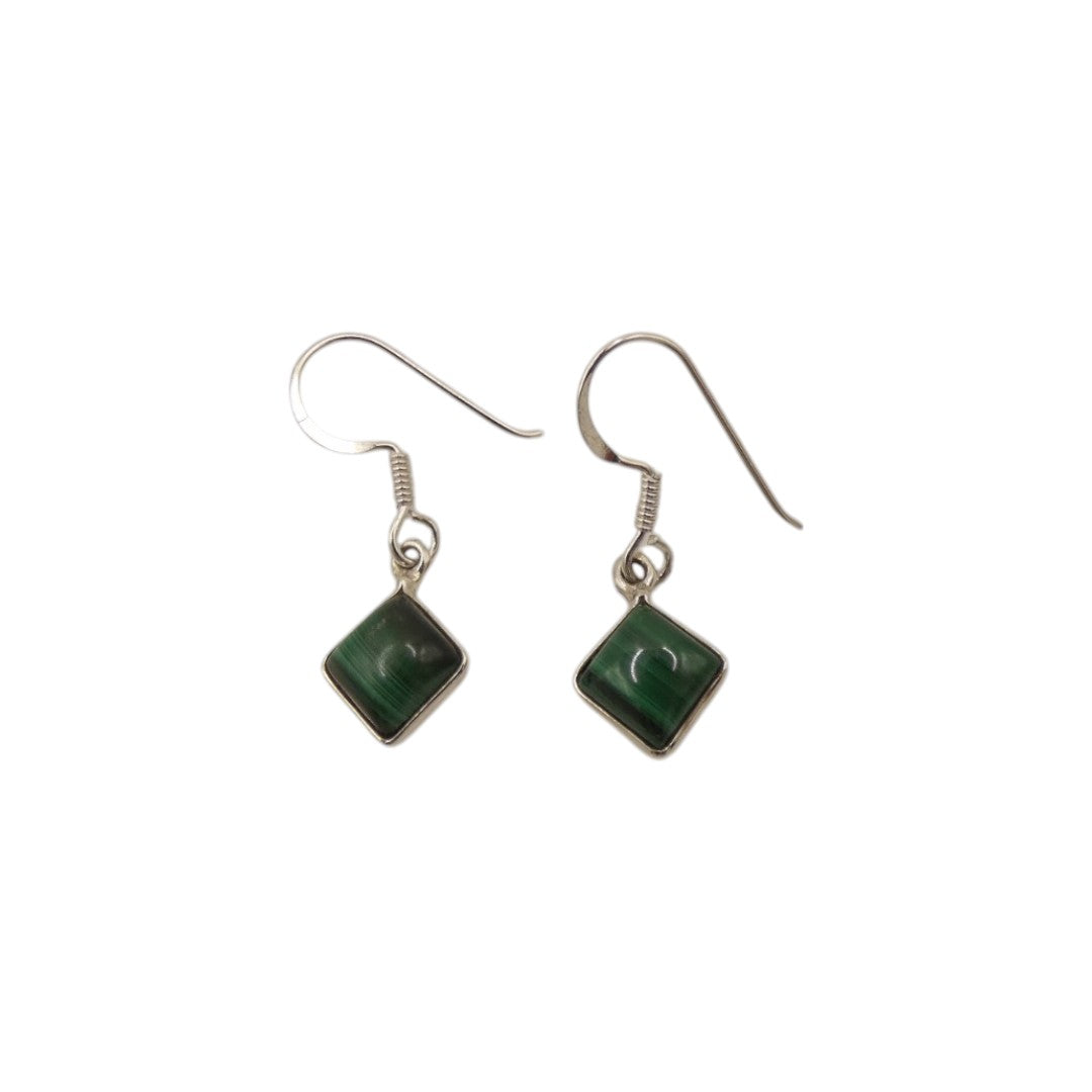 Sterling Silver Malachite Diamond Shape Drop Earrings 1.1"